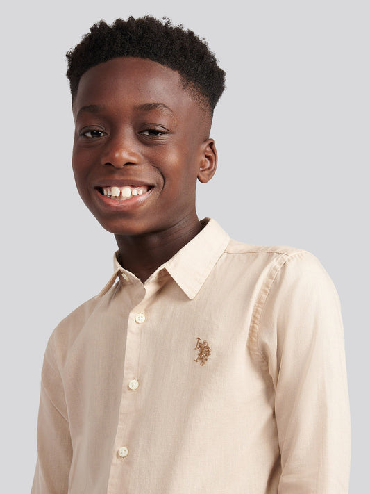 Boys Linen Blend Shirt in Doeskin