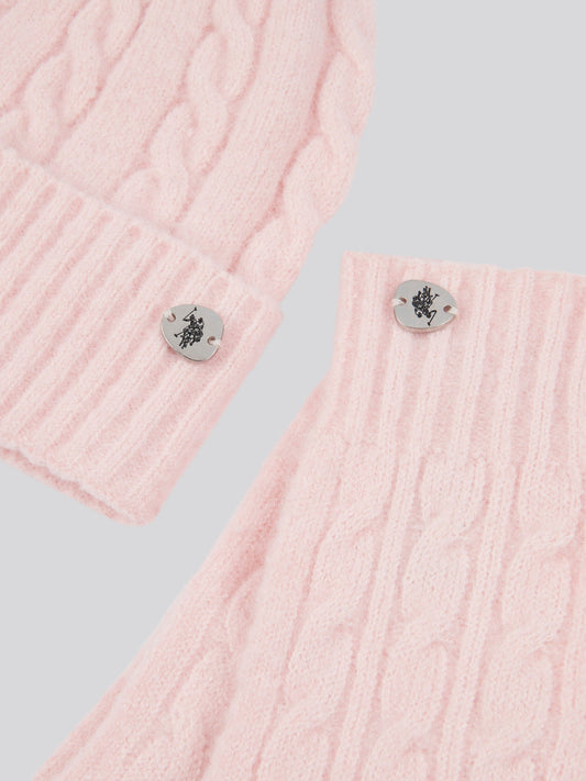 Womens Signature Cable Knit Beanie & Gloves Set in Crystal Rose