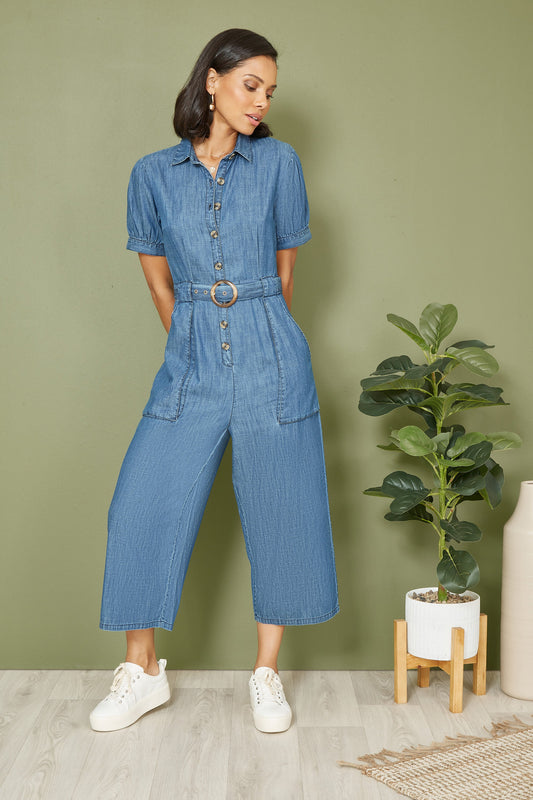 Yumi Blue Cotton Chambray Button Up Jumpsuit