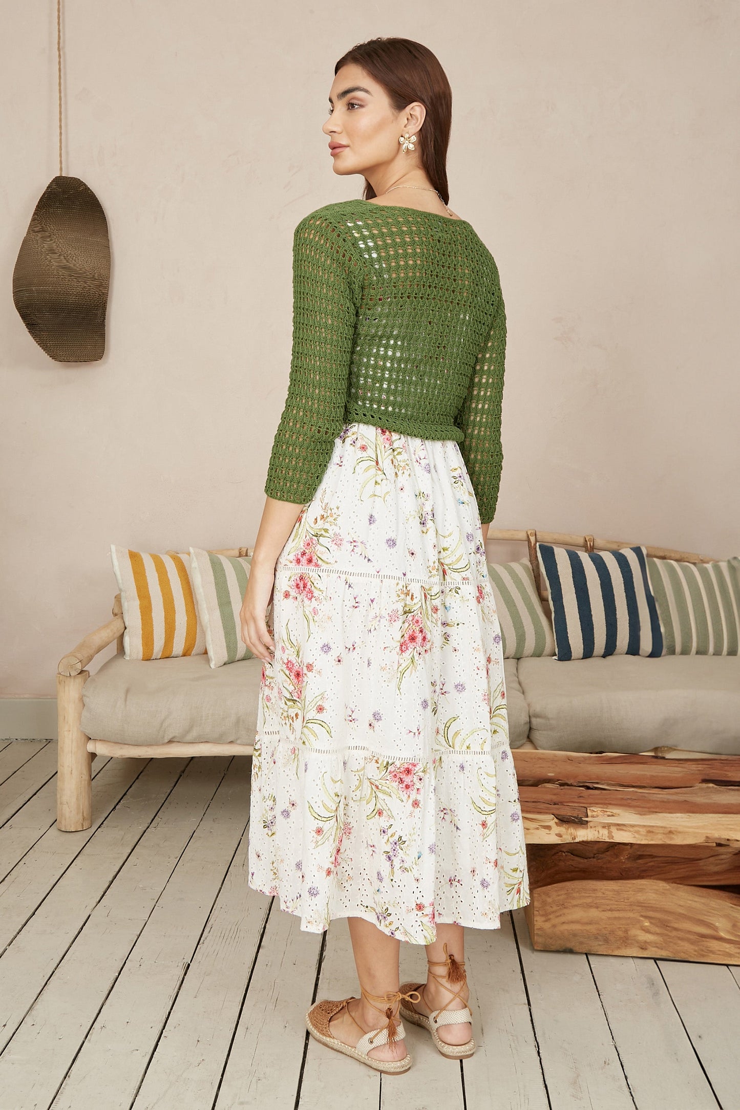 Yumi Green Cotton Crochet Twisted Bolero Top