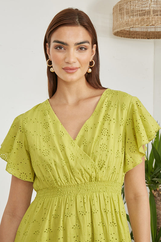 Yumi Lime Cotton Broderie Anglaise Wrap Midi Dress