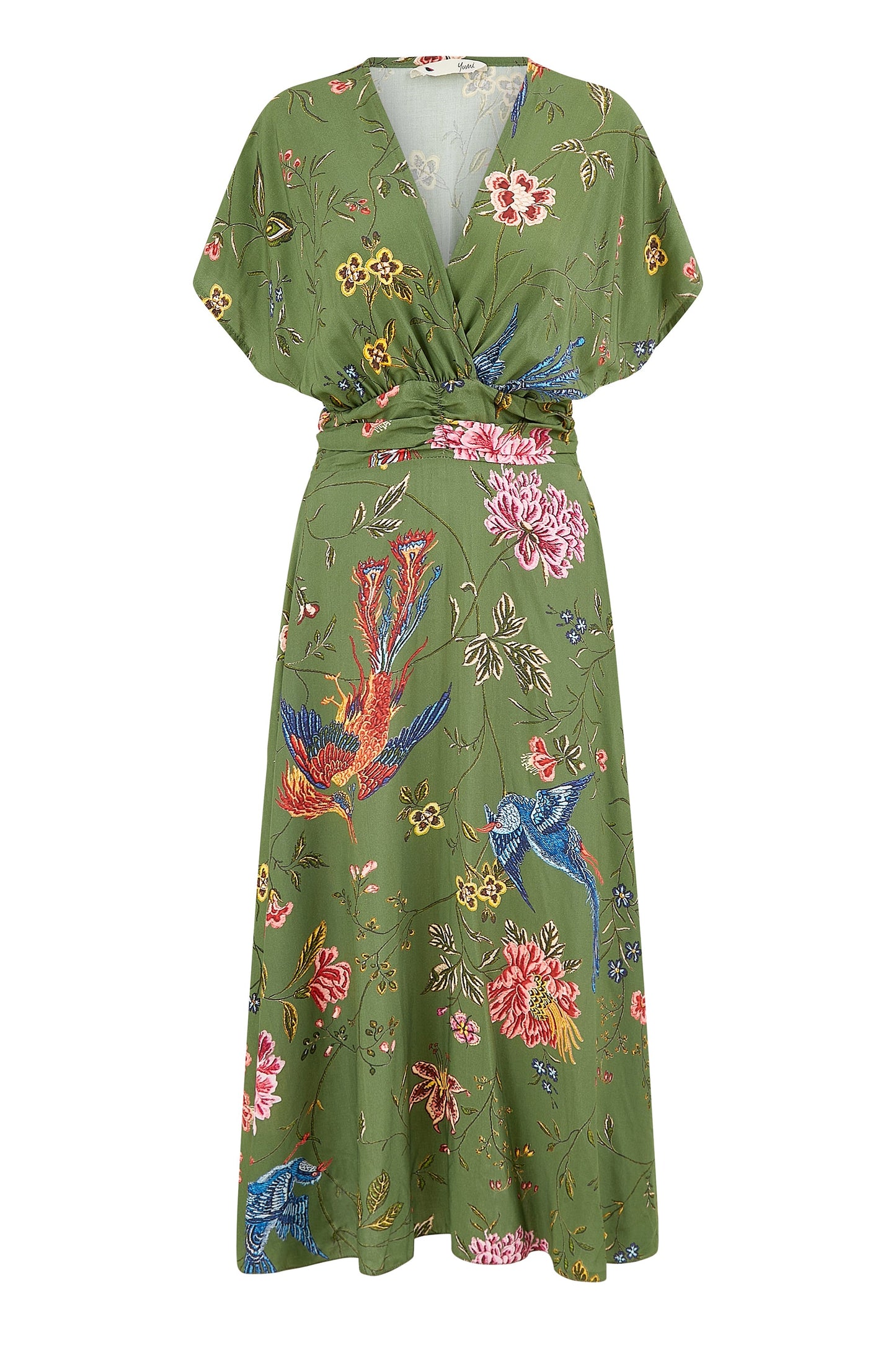 Yumi Green Bird and Floral Print Ruched Waist Kimono Midi Dress