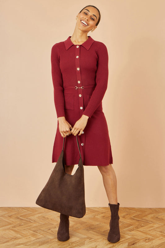 Yumi Burgundy Rib Knit Midi Shirt Dress With Snaffle Belt