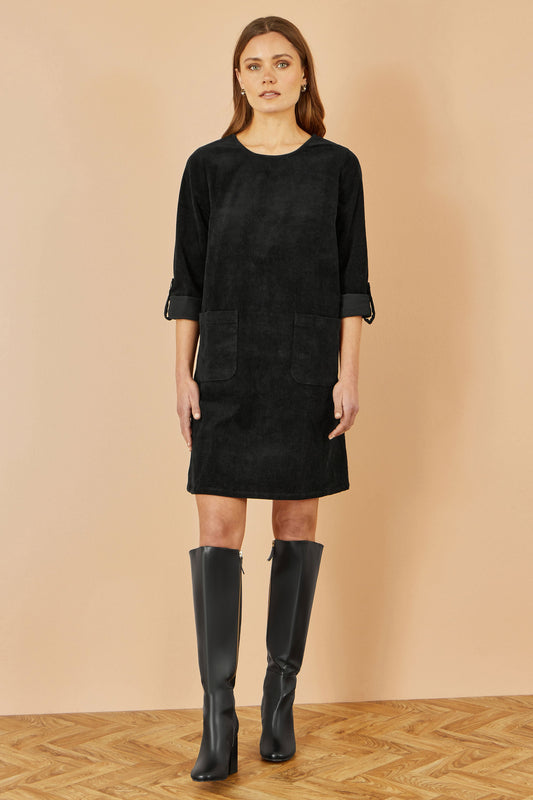 Yumi Black Cord Tunic Dress With 3/4 Sleeves And Pockets