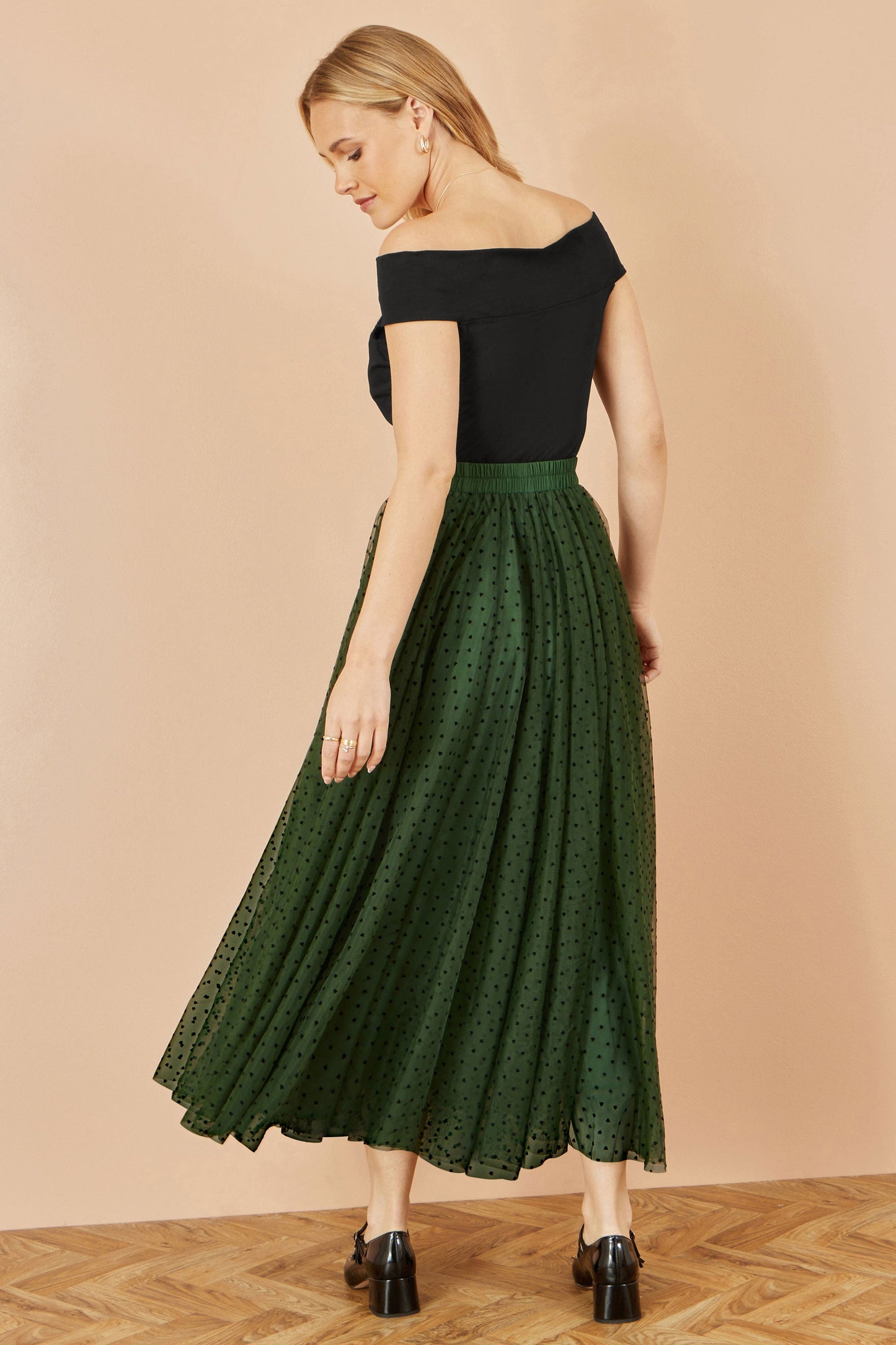 Yumi Green Mesh Heart Print Tulle Skirt