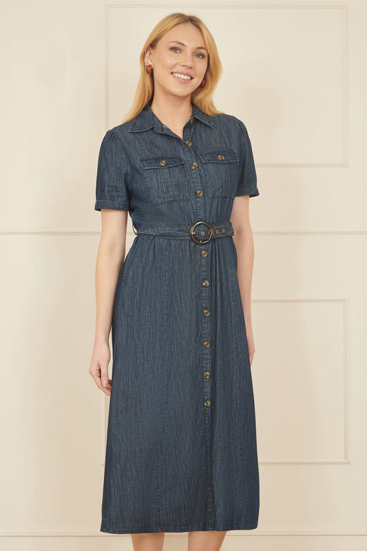 Yumi Blue Chambray Utility Midi Denim Shirt Dress
