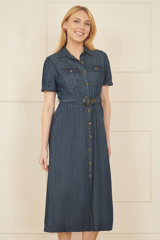Yumi Blue Chambray Utility Midi Denim Shirt Dress