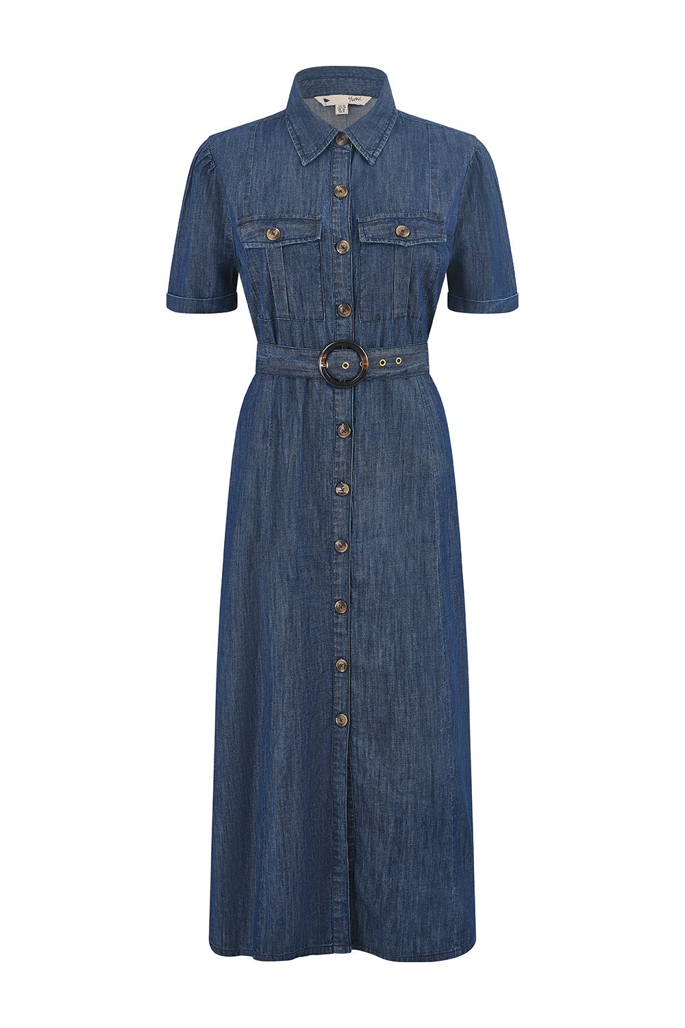Yumi Blue Chambray Utility Midi Denim Shirt Dress