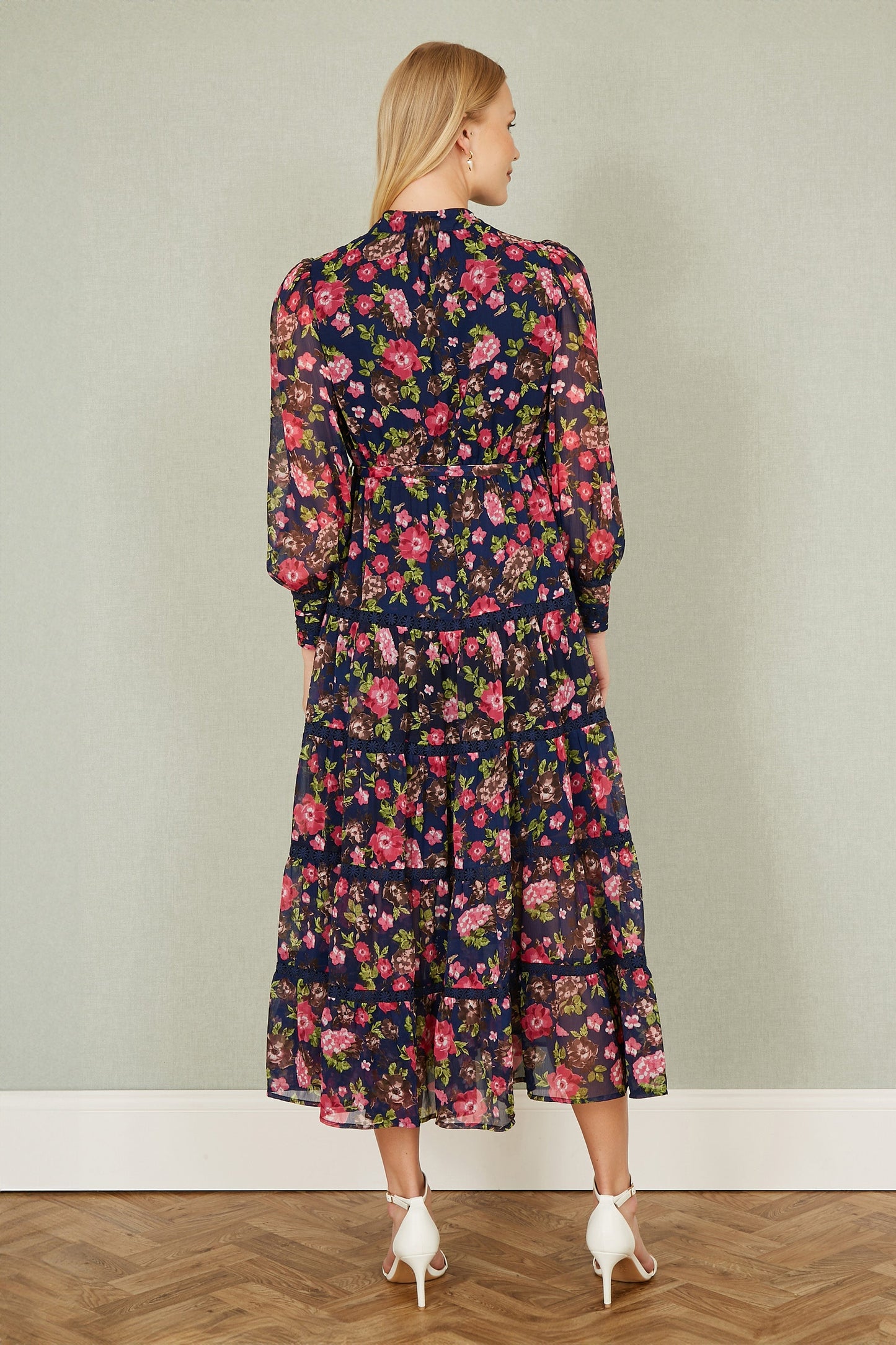 Yumi Navy Blossom Print Maxi Dress With Long Sleeves and Lace Trims