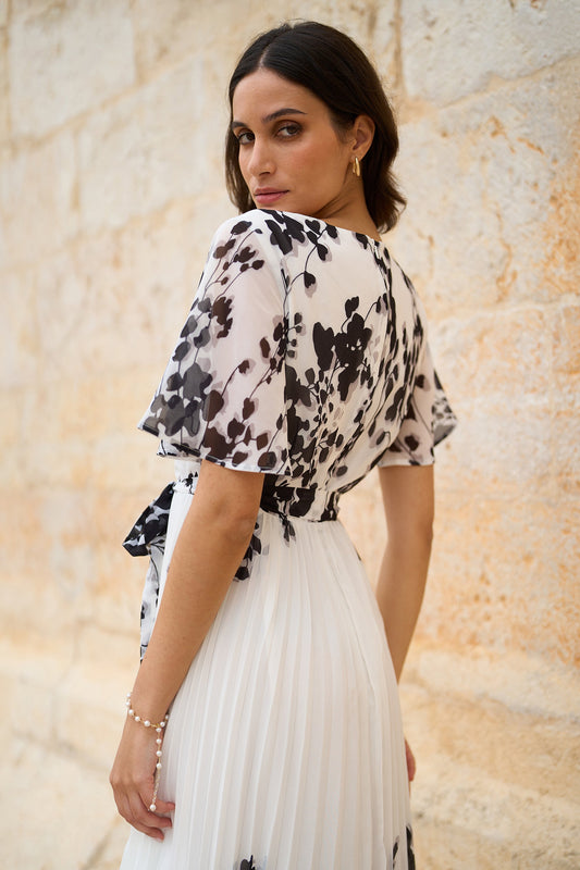 Yumi White Mirror Floral Design Pleated Midi Dress