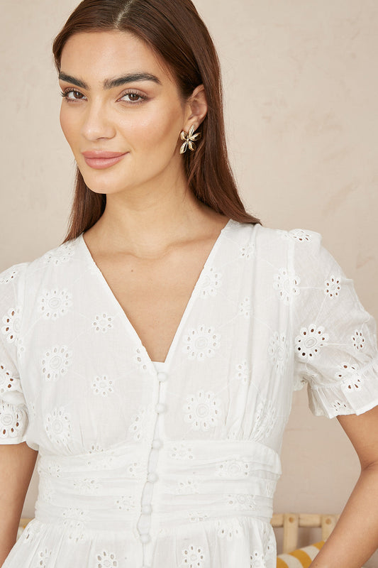 Yumi White Cotton Broderie Anglaise Midi Button Up Dress
