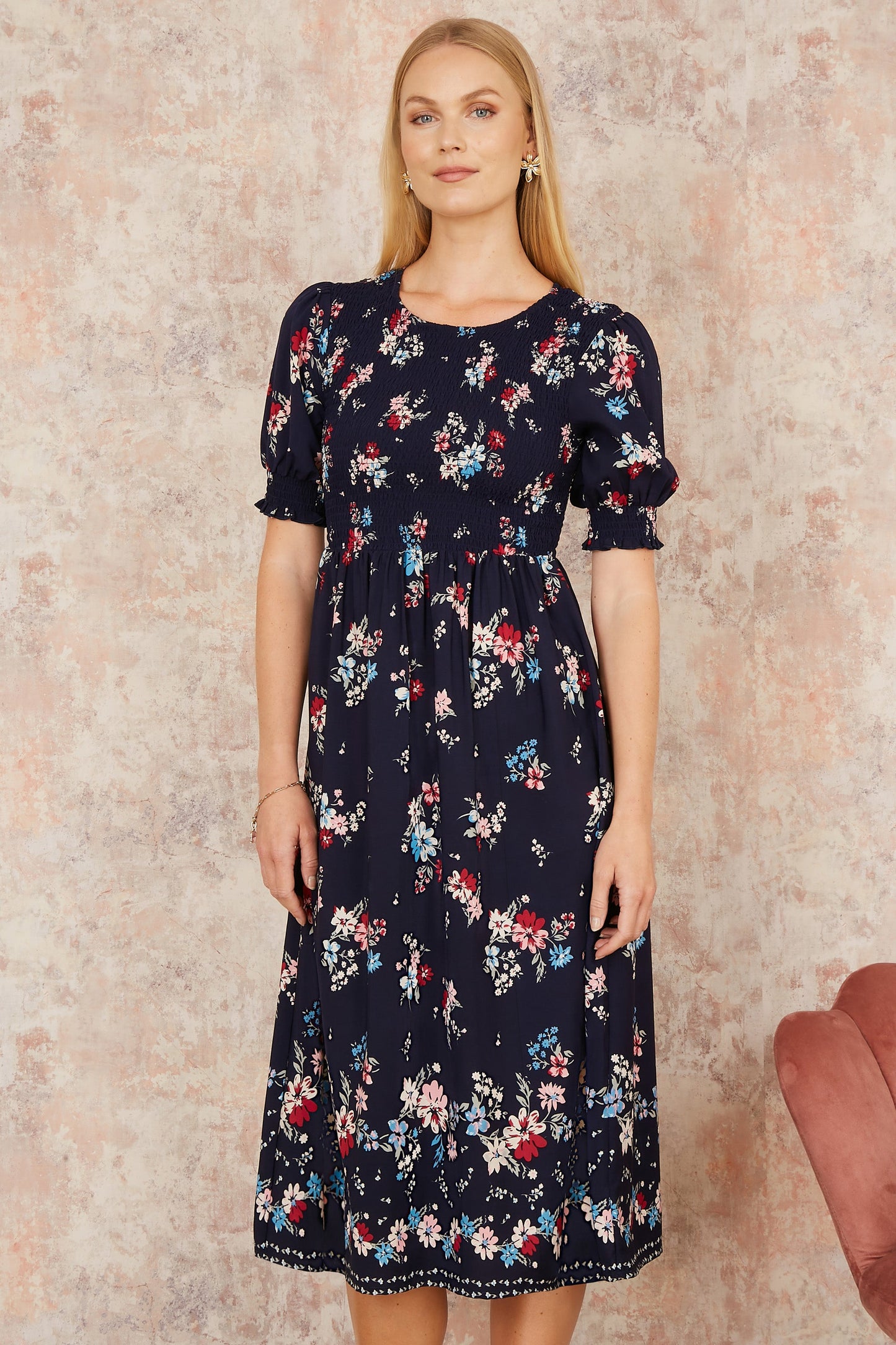 Yumi Navy Recycled Floral Ruched Midi Dress With Puff Sleeves