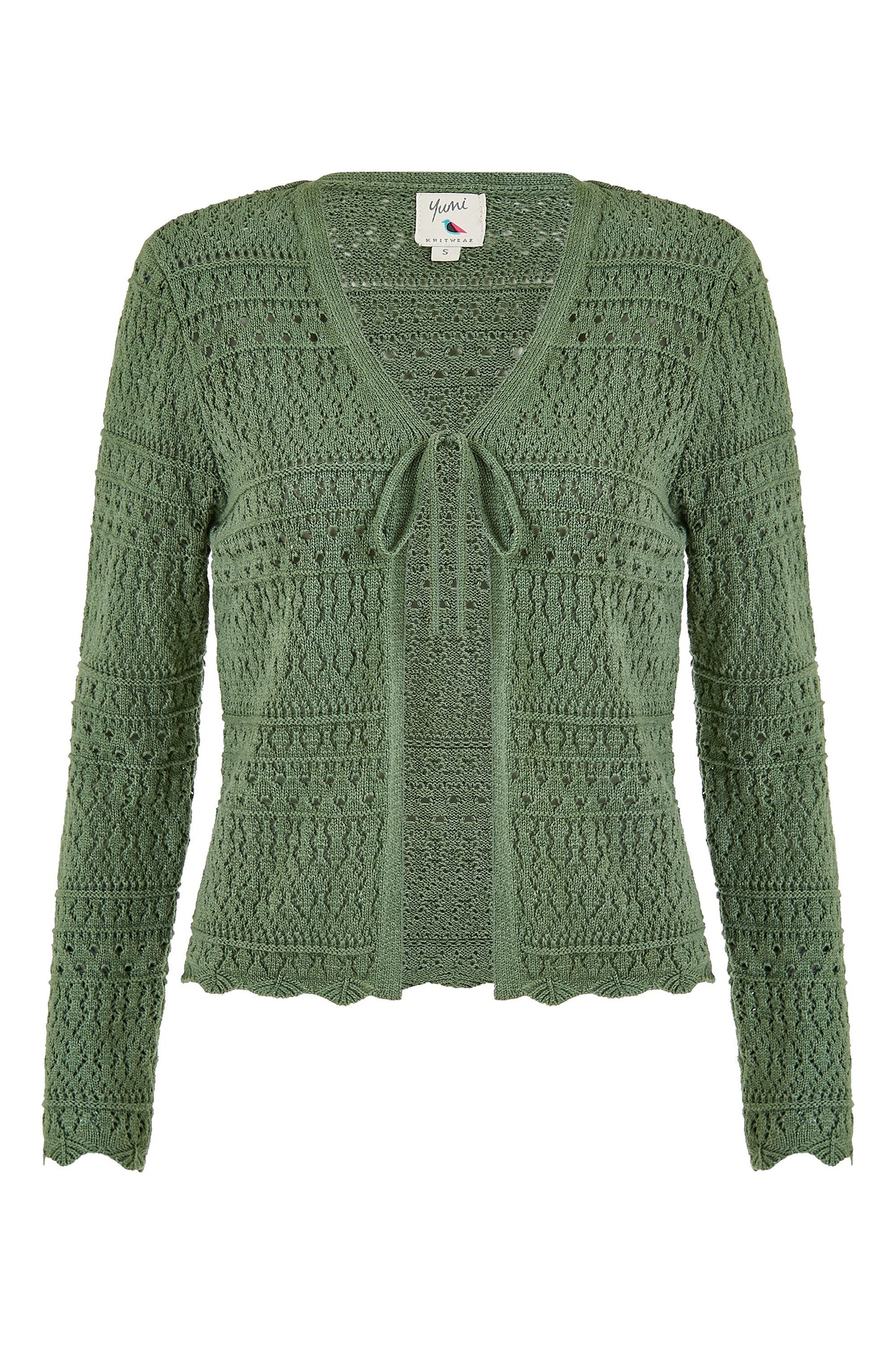 Yumi Green Crochet Tie Front Cardigan