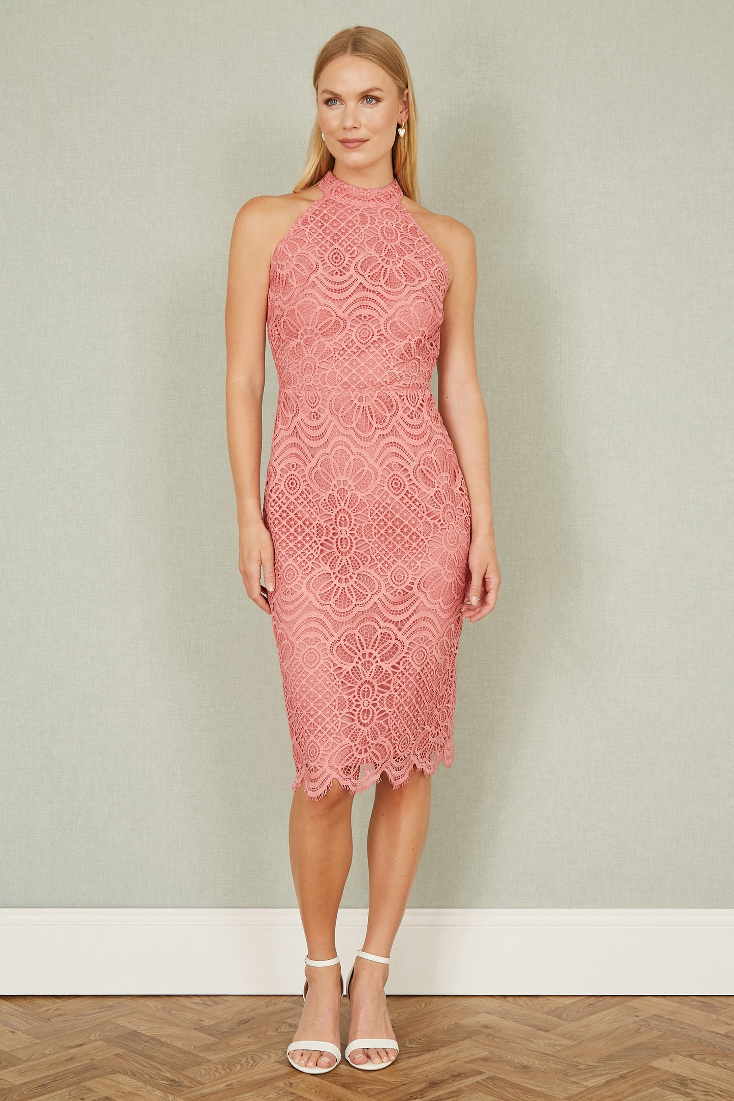 Yumi Pink Lace Halter Neck Dress
