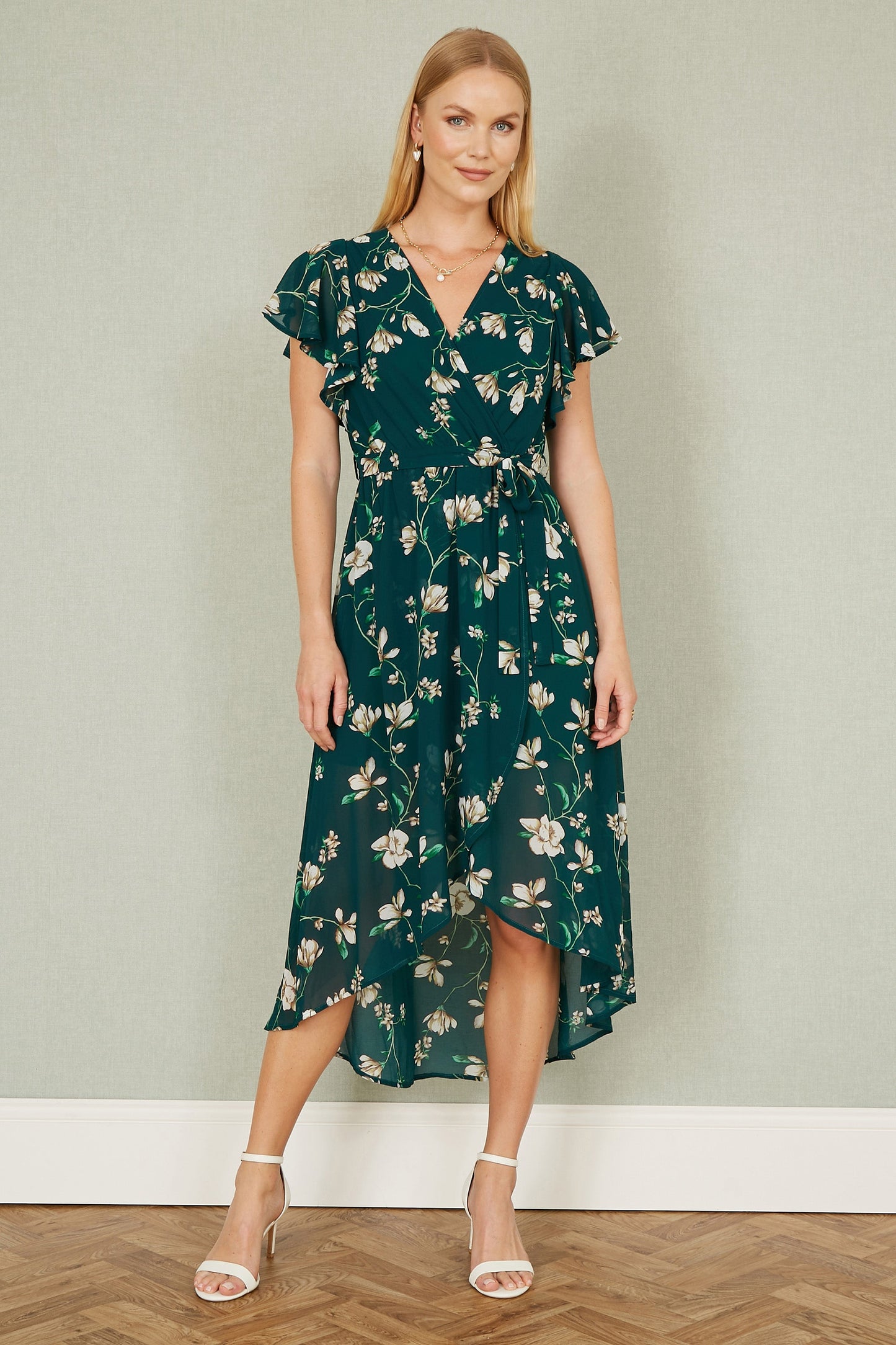 Yumi Green Floral Wrap Midi Dress With Frill Hem