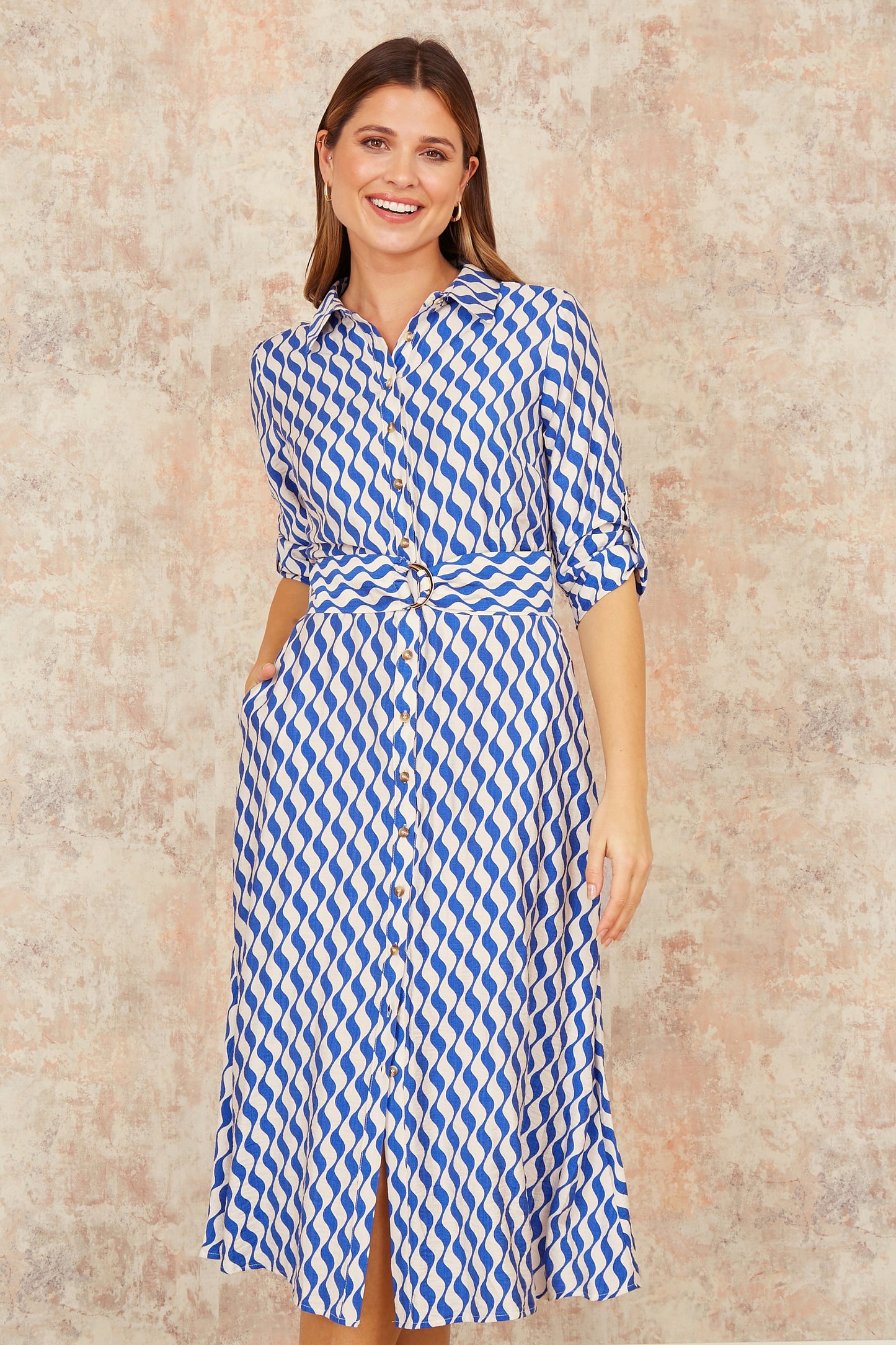 Yumi Blue Geo Swirl Print Midi Shirt Dress