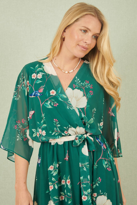Yumi Green Bird and Floral Print Midi Wrap Dress