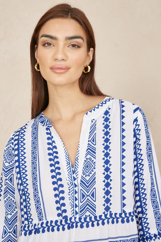 Yumi Blue Geo Stripe Print Beach Tunic