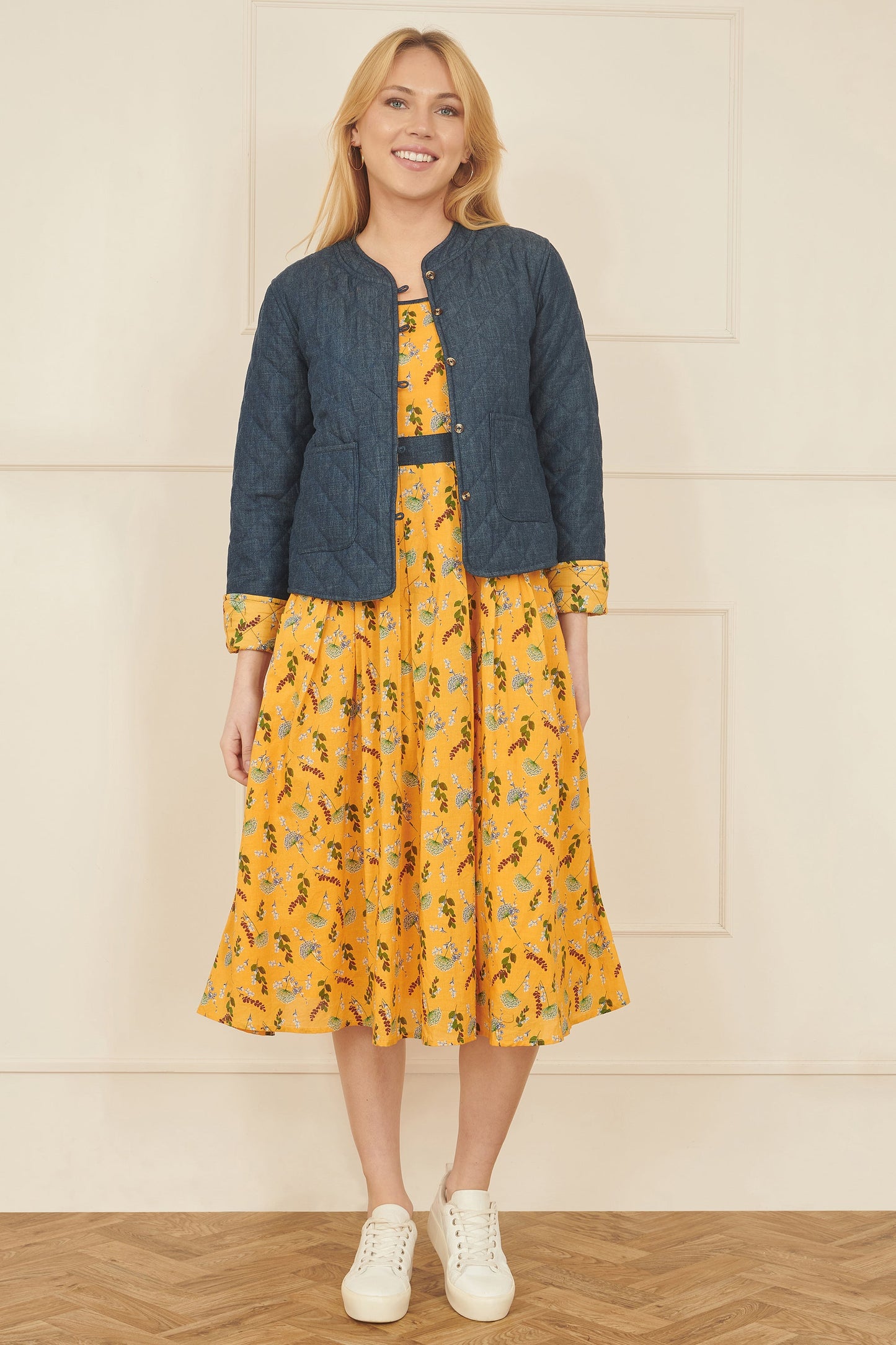 Yumi Mustard Floral Skater Dress With Denim Trims