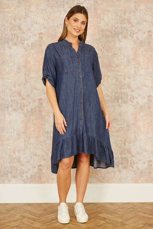 Yumi Blue Chambray Denim Dip Hem Relaxed Fit Shirt Dress