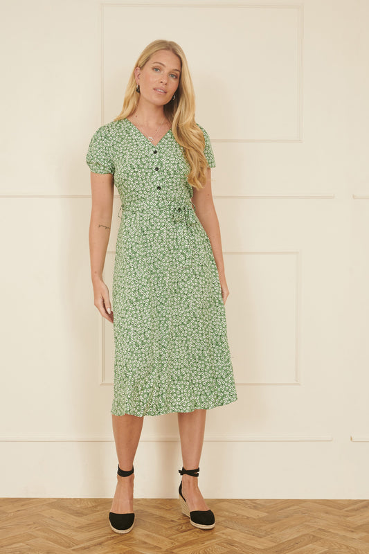 Yumi Green Ditsy Print Midi Tea Dress