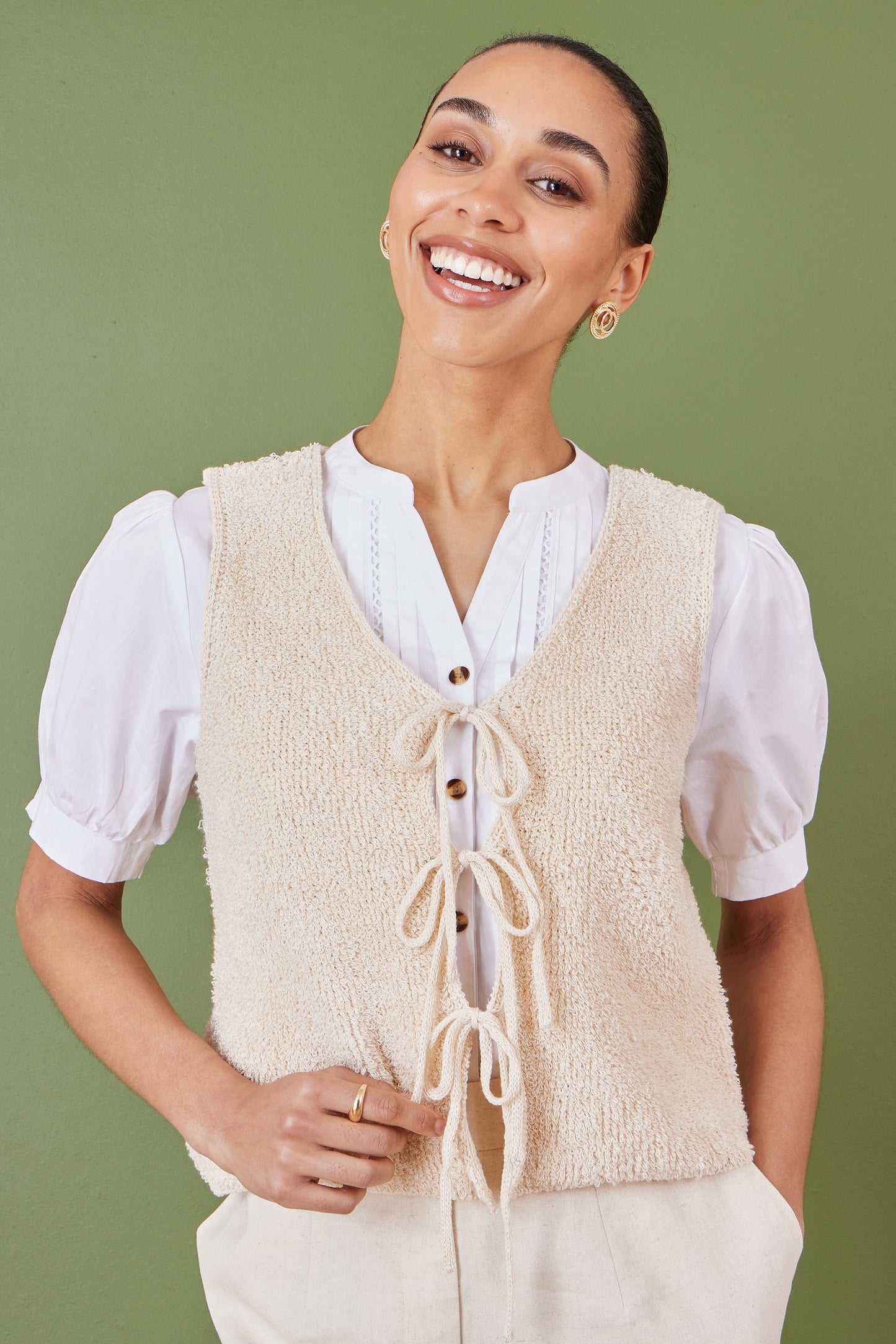 Yumi Beige Knitted Tie Detail Knitted Waistcoat