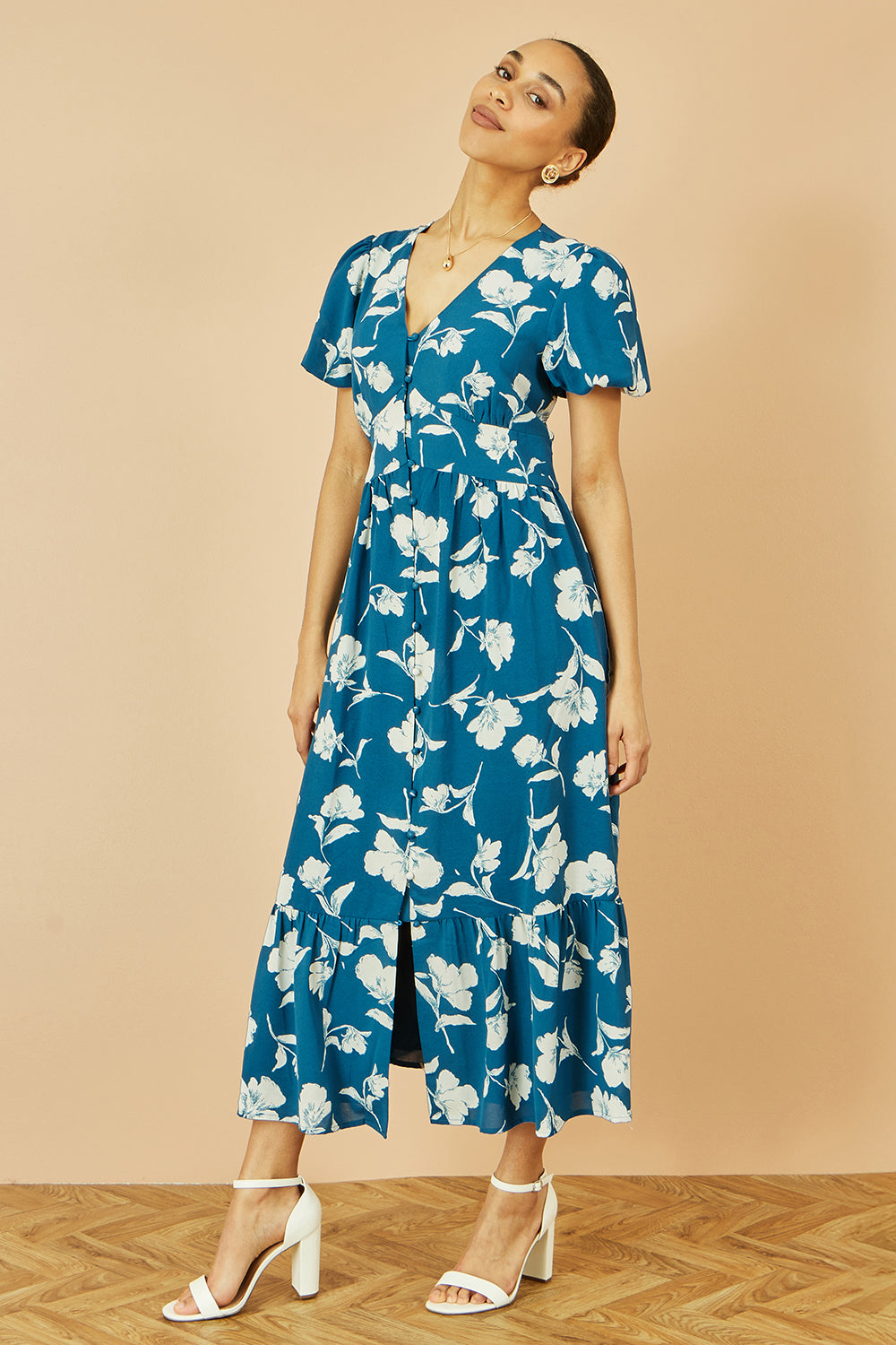 Yumi Teal Floral Button Down Floral Midi Dress