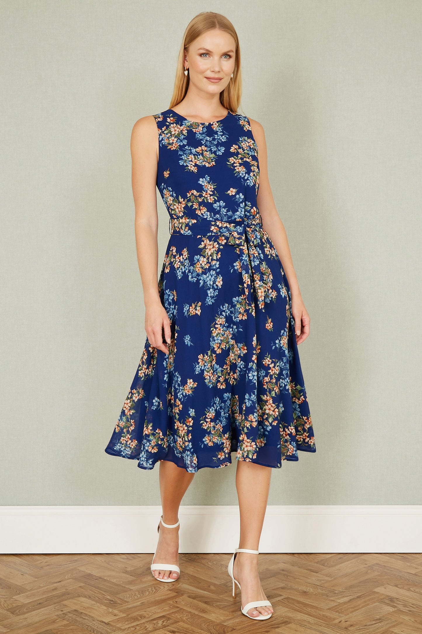 Yumi Navy Floral Skater Sleeveless Dress