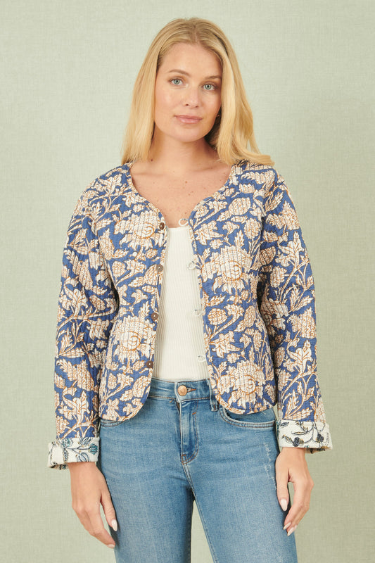 Yumi White Floral Reversible Cotton Quilted Jacket