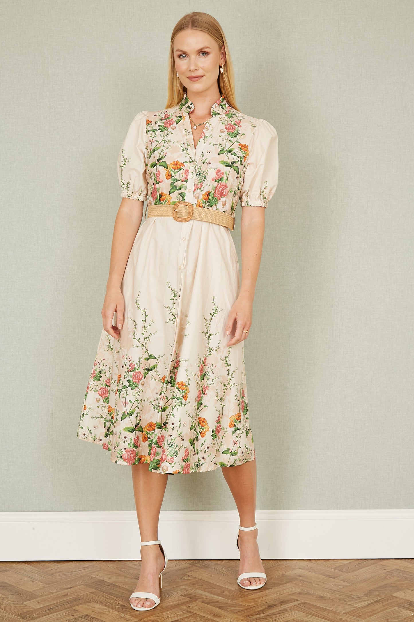 Yumi Ivory Cotton Printed Midi Floral Placement Shirt Dress