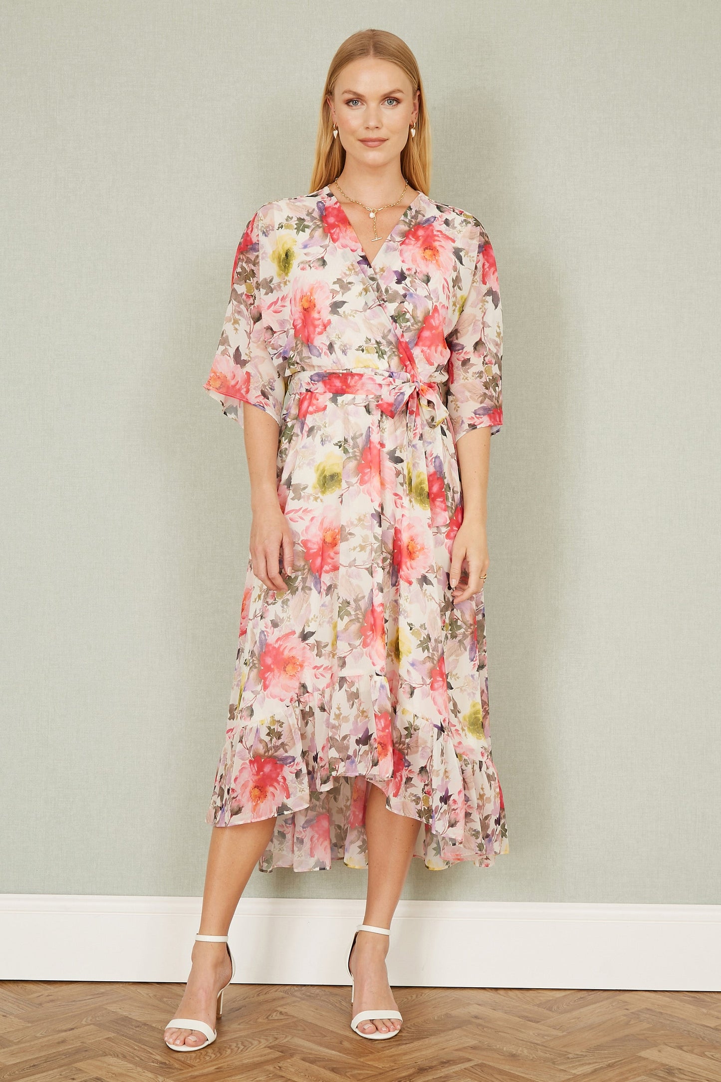 Yumi Ivory Vintage Floral Wrap Midi Dress With Frill
