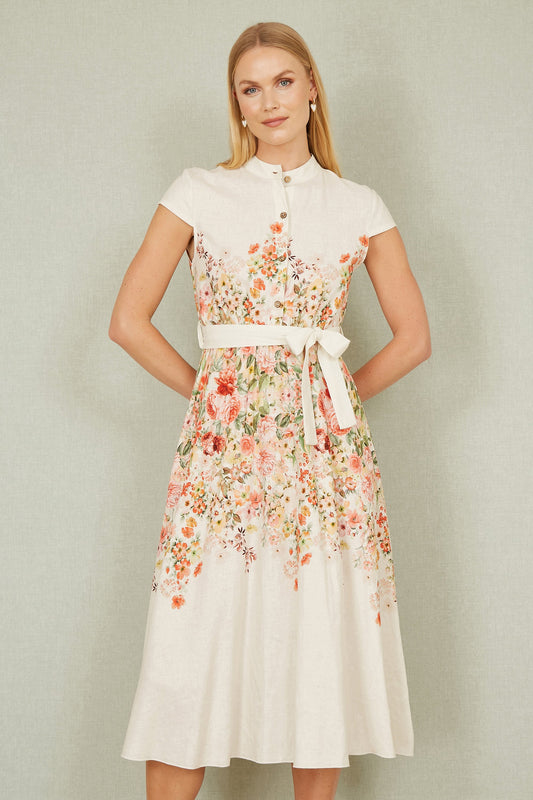 Yumi White Linen Floral Mirrored Placement Skater Dress
