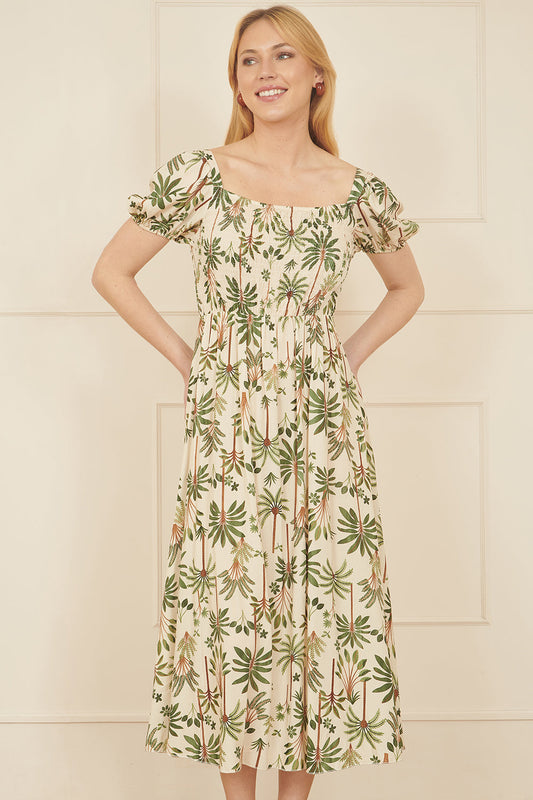 Yumi White Cotton Palm Print Ruched Midi Dress