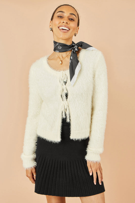 Yumi Ivory Eyelash Fluffy Knit Bolero With Tie Front