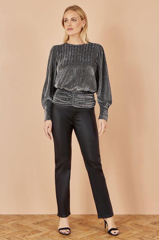 Yumi Black Metallic Stretch Ruched Hem Top