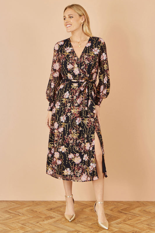 Yumi Black Foiled Floral Print Wrap Midi Dress