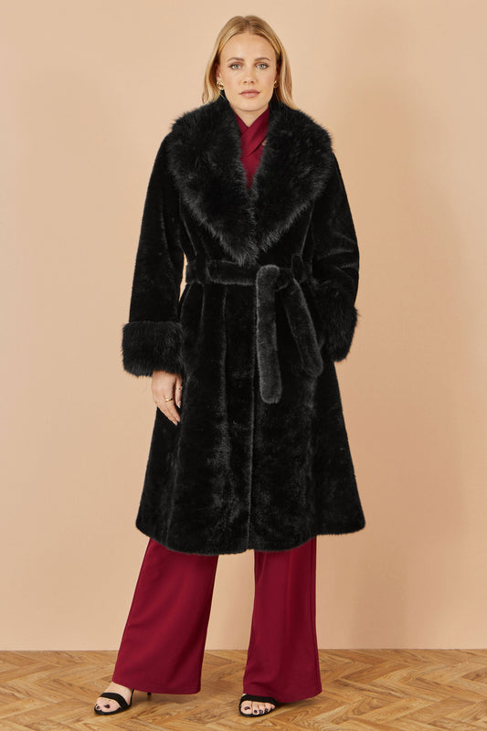 Yumi Black Wrap Faux Fur Coat With Oversize Collar