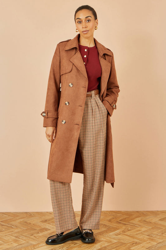 Yumi Brown Faux Suede Trench Coat