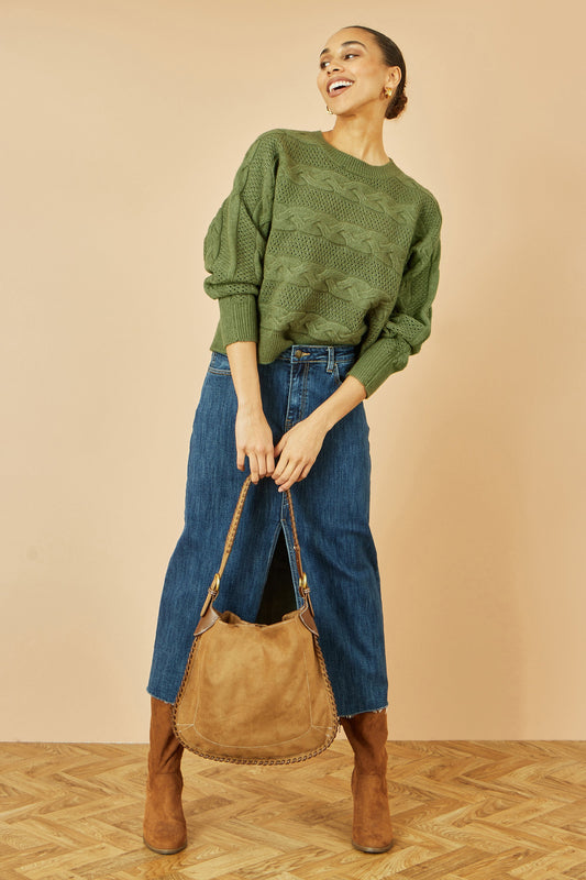 Yumi Green Cable Knit Relaxed Fit Jumper