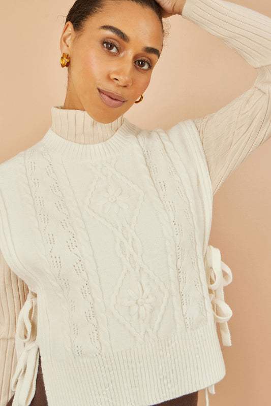 Yumi Ivory Flower Cable Knit Tie Side Pullover