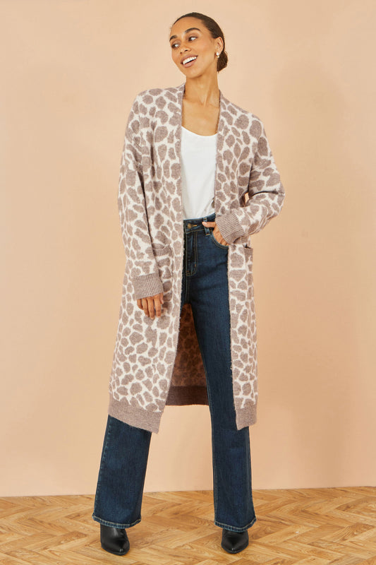 Yumi Beige Animal Print Intarsia Long Cardigan