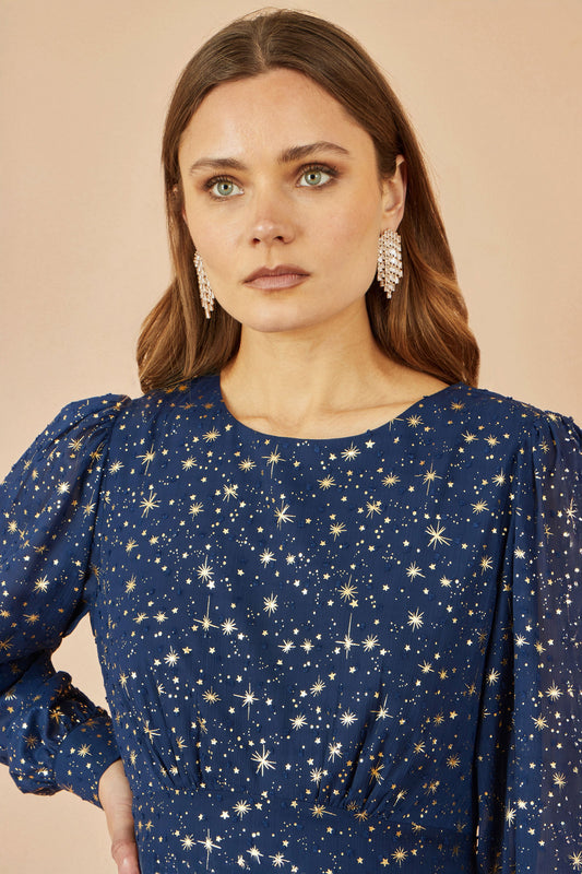 Yumi Navy Star Print Foil Long Sleeve Dress