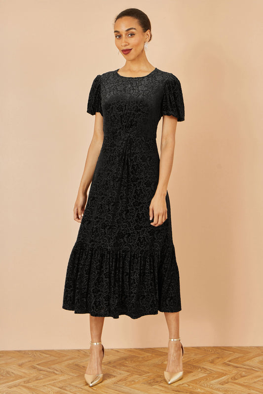 Yumi Black Floral Velour Velvet Twist Waist Midi Dress