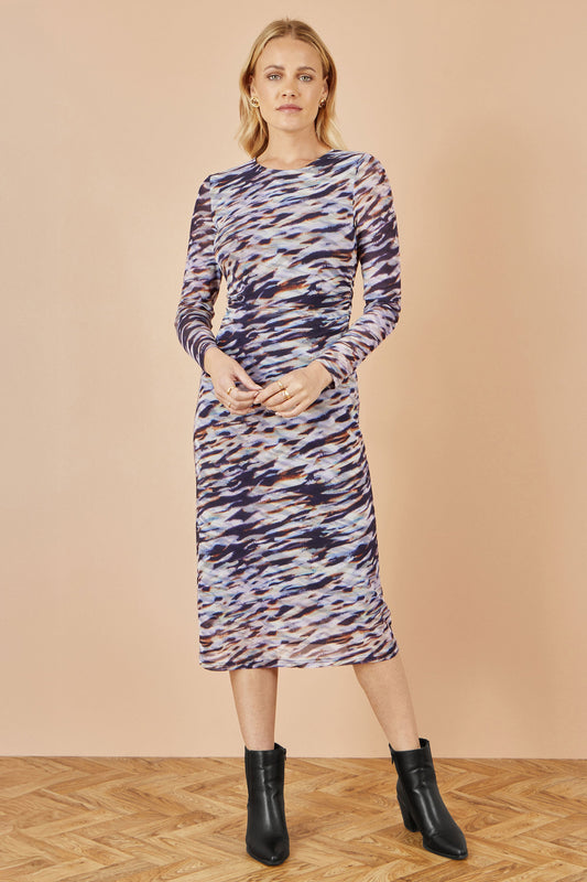 Yumi Multicolour Abstract Stripe Ruched Bodycon Midi Dress