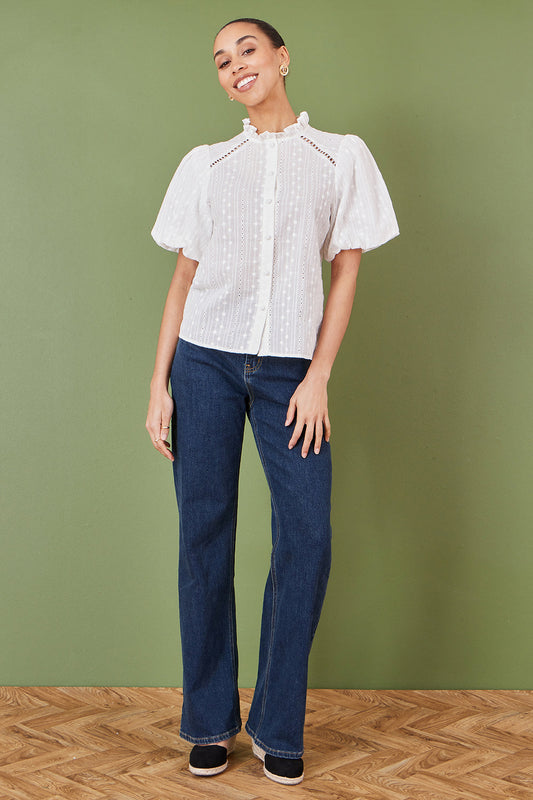 Yumi White Broderie Anglaise Puff Sleeve Shirt