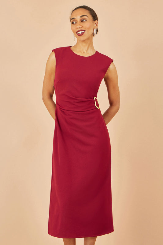 Yumi Burgundy Buckle Detail Ruched Dress