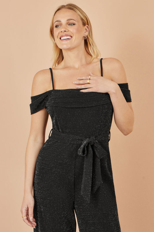Yumi Black Sparkle Stretch Bardot Jumpsuit