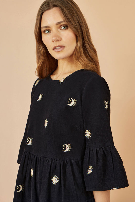 Yumi Black Cosmic Embroidery Cord Tunic Dress