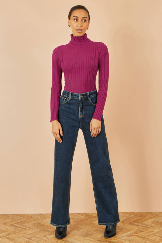 Yumi Plum Ribbed Knit Roll Neck Jumper