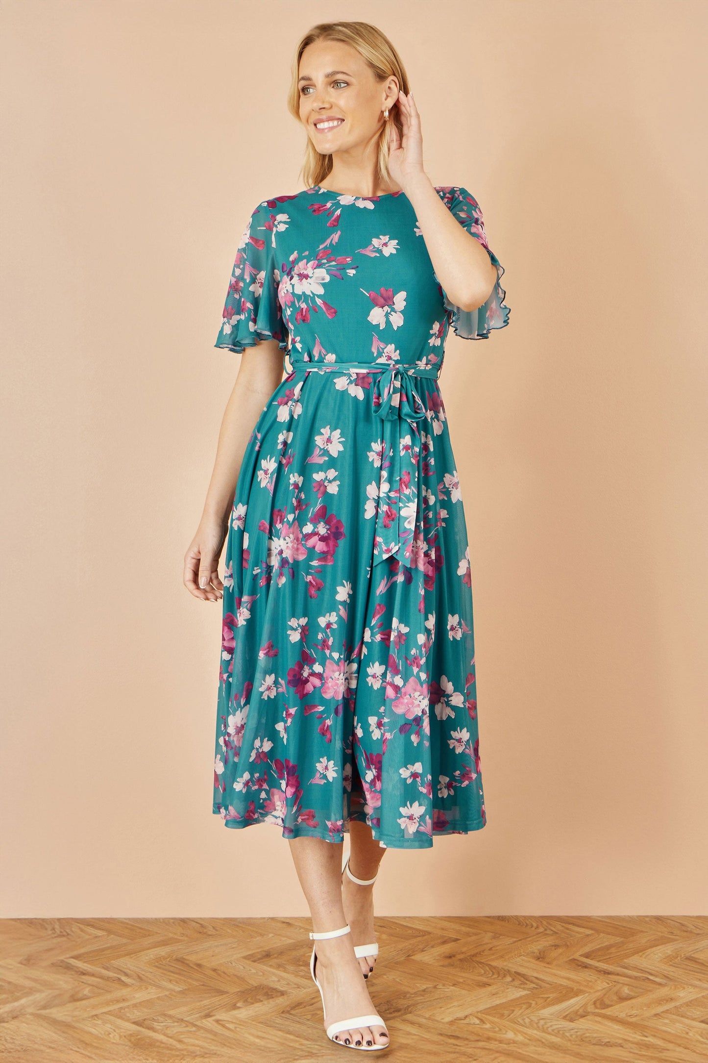 Yumi Teal Mesh Skater Floral Midi Dress